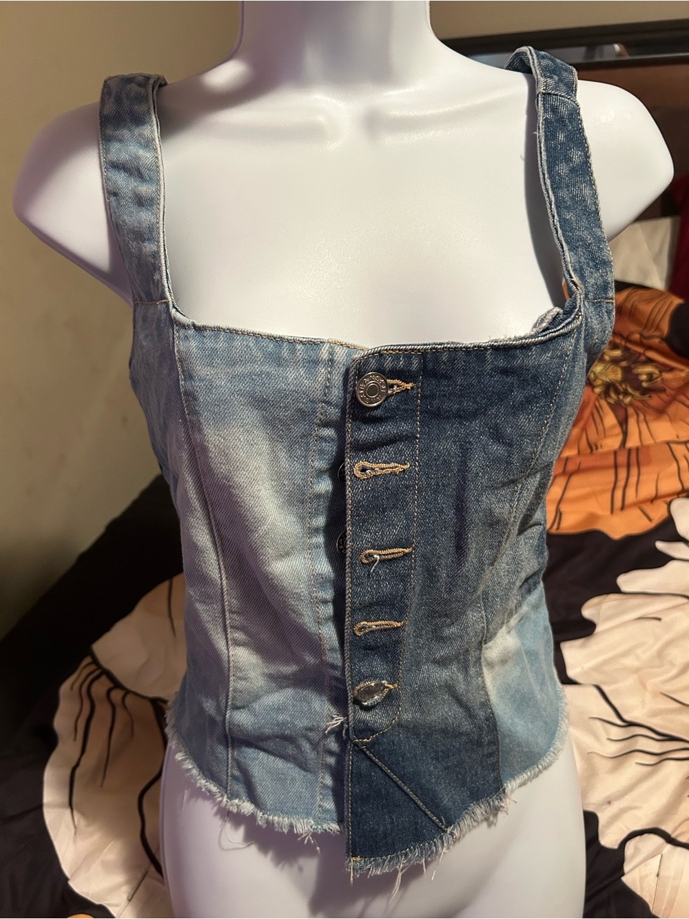 Denim Patchwork Button-Front Women’s Jean Corset Top - Blue